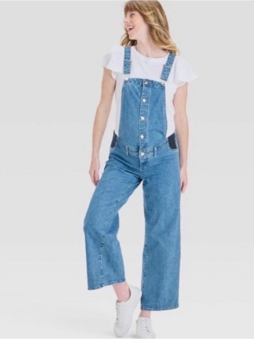 Isabel Maternity by Ingrid & Isabel Blue Denim Overalls Wide Leg Sz 14 #305